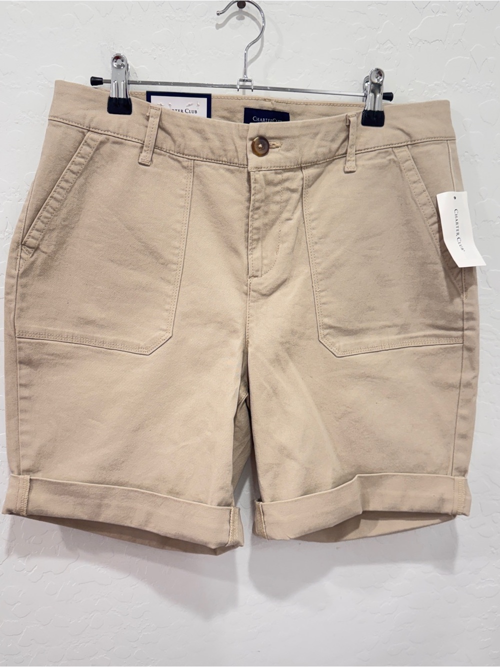 NWT Charter Club Beige Cuffed Bermuda Shorts Womens 10 Utility Cotton Spring